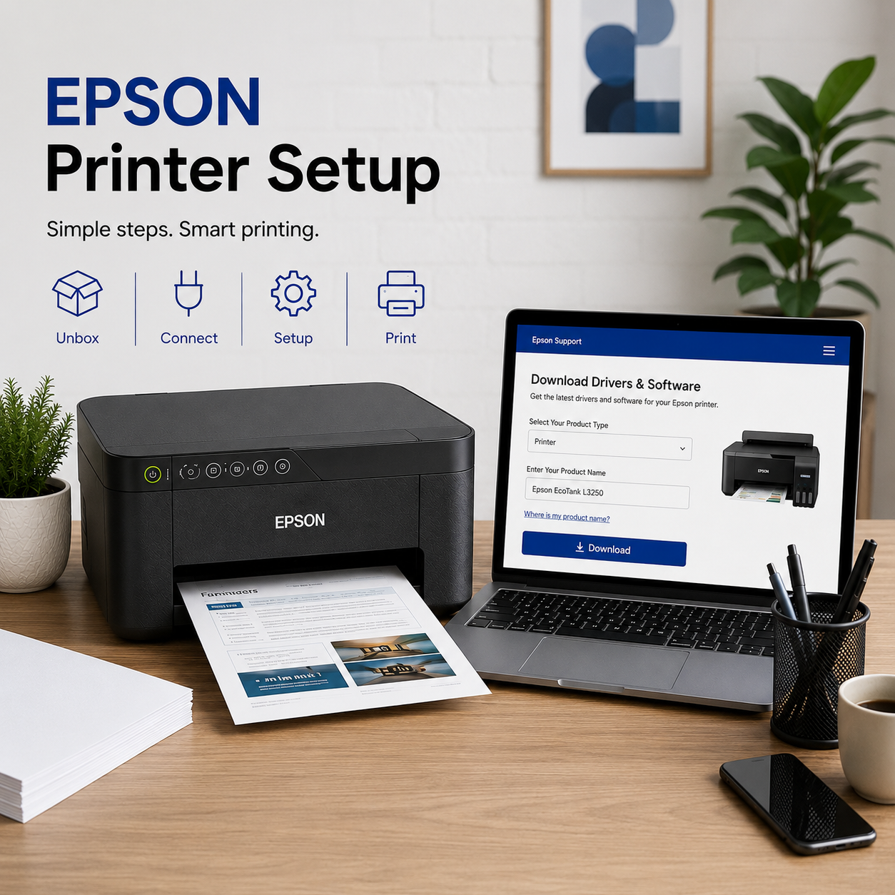 HP Printer Setup on Desk